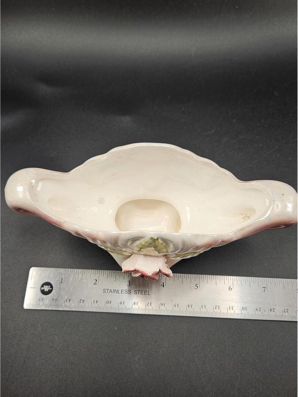 Vintage Pink Lusterware Footed Vanity Dish Rose & Leaf - Bridgerton Regencycore - Picture 9 of 15